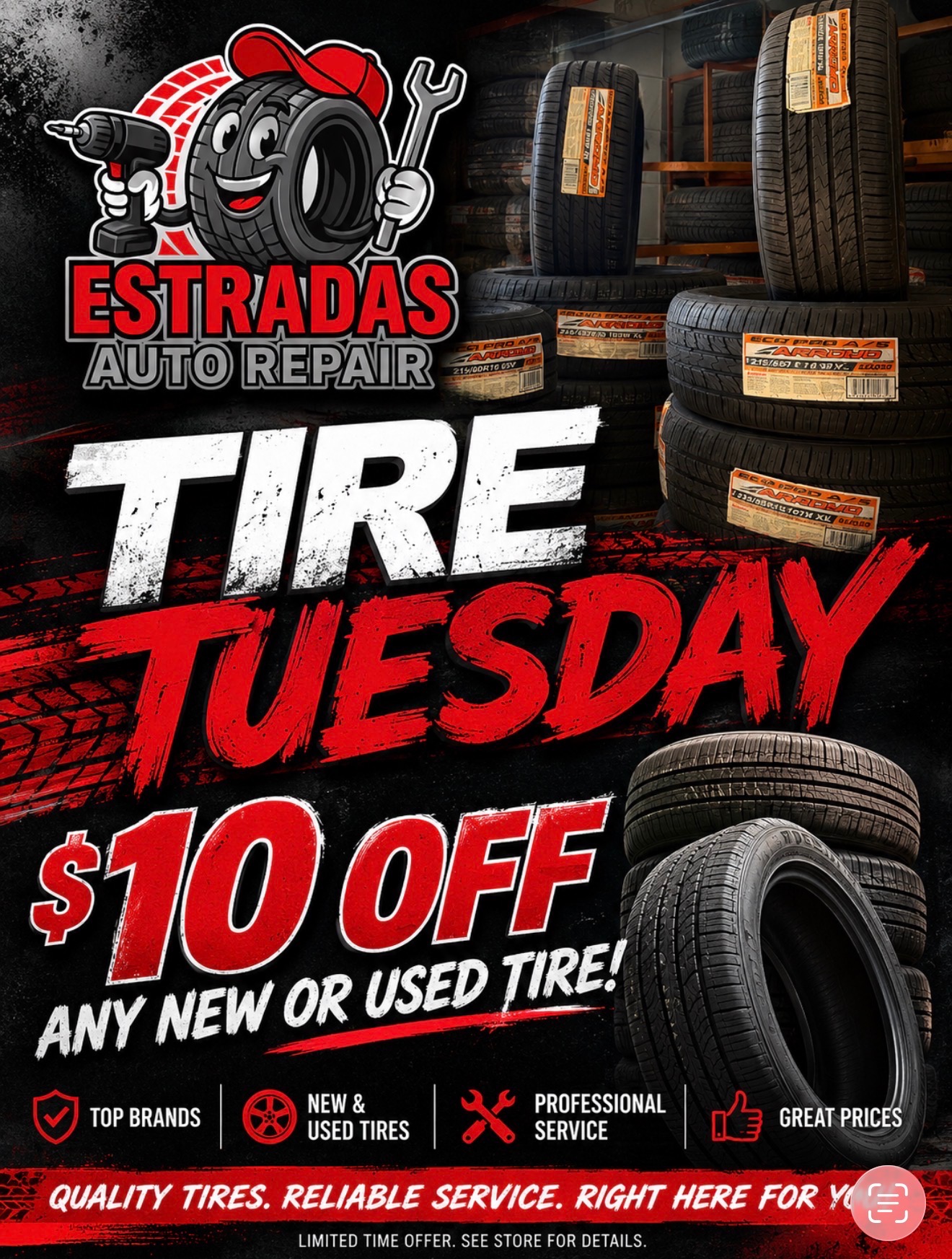Tire Tuesday — $10 off any new or used tire, every Tuesday